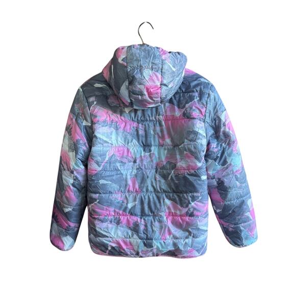 Eddie Bauer Down Puffer fleece Camo Pink Gray Reversible Jacket Girls 14/16 NWT - Picture 3 of 11